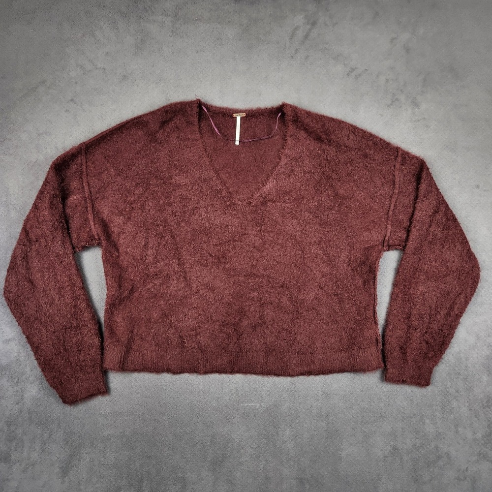 Free People Princess V Sweater Womens Medium Burgundy Fuzzy Oversized Pullover